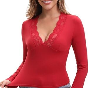 Red Lace V-Neck Long Sleeve Top
